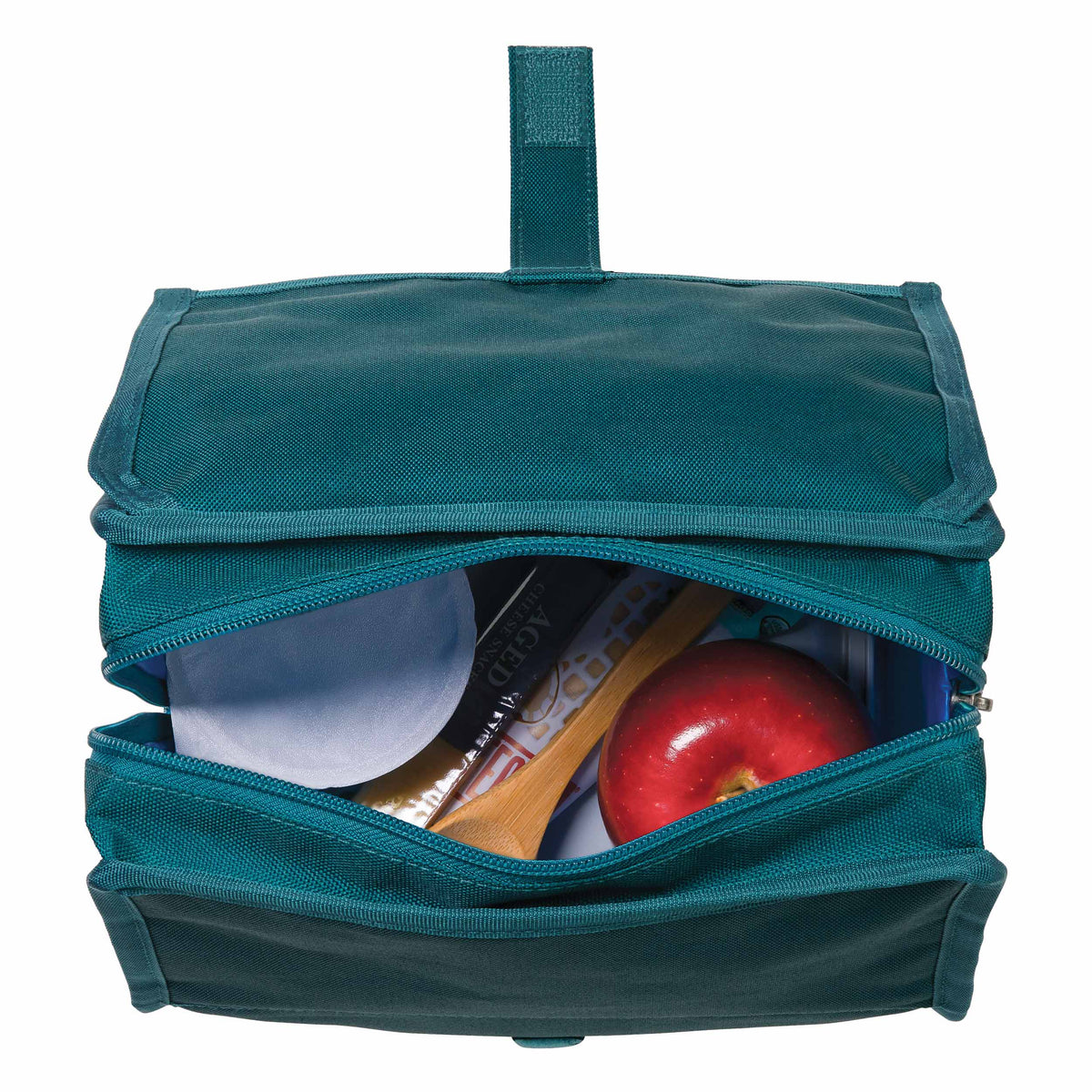 freezable-lunch-bag-j1 freezable-lunch-bag-deep-teal-top-view-packed.jpg