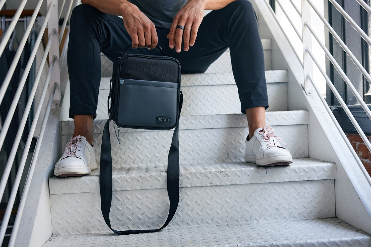 freezable-upright-lunch-box-u8 freezable-upright-lunch-box-black-gray-lifestyle-model-bag-only.jpg